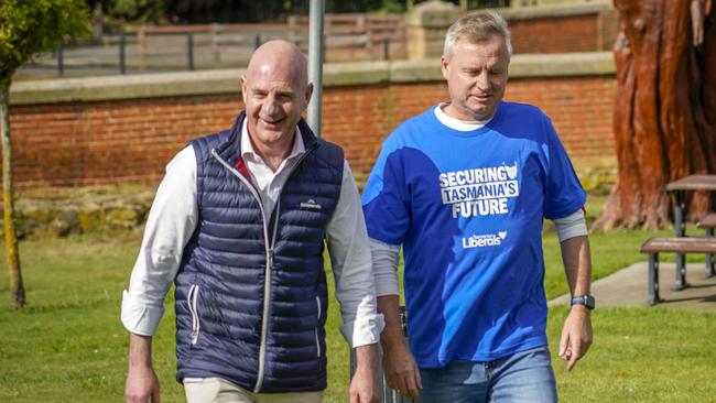 Premier Peter Gutwein and Deputy Premier Jeremy Rockliff at the announcement of the Liberal party candidates. Picture: Rob Burnett