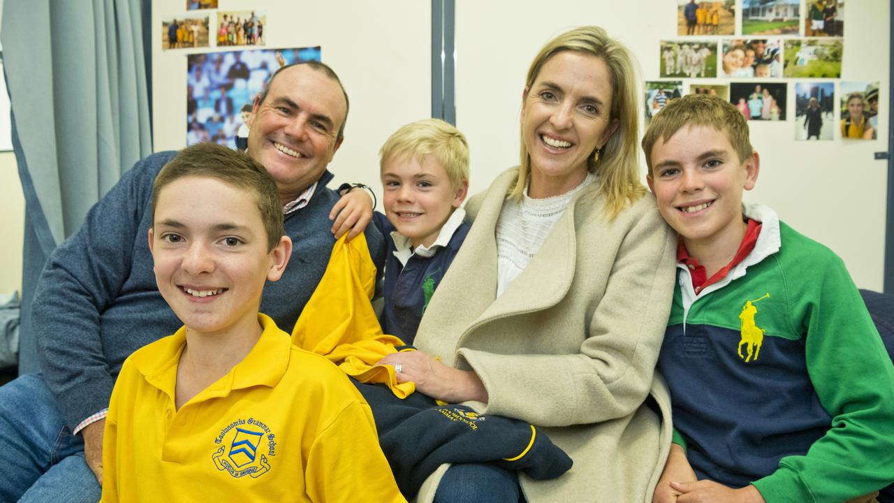 TGS boarder Harry Barwick with his family (from left) dad Sam, Hugo, mum Amanda and Max Barwick of Warialda, NSW as the relaxation of coronavirus restrictions allows boarding houses to welcome all boarders back for term three, Monday, July 13, 2020. Picture: Kevin Farmer