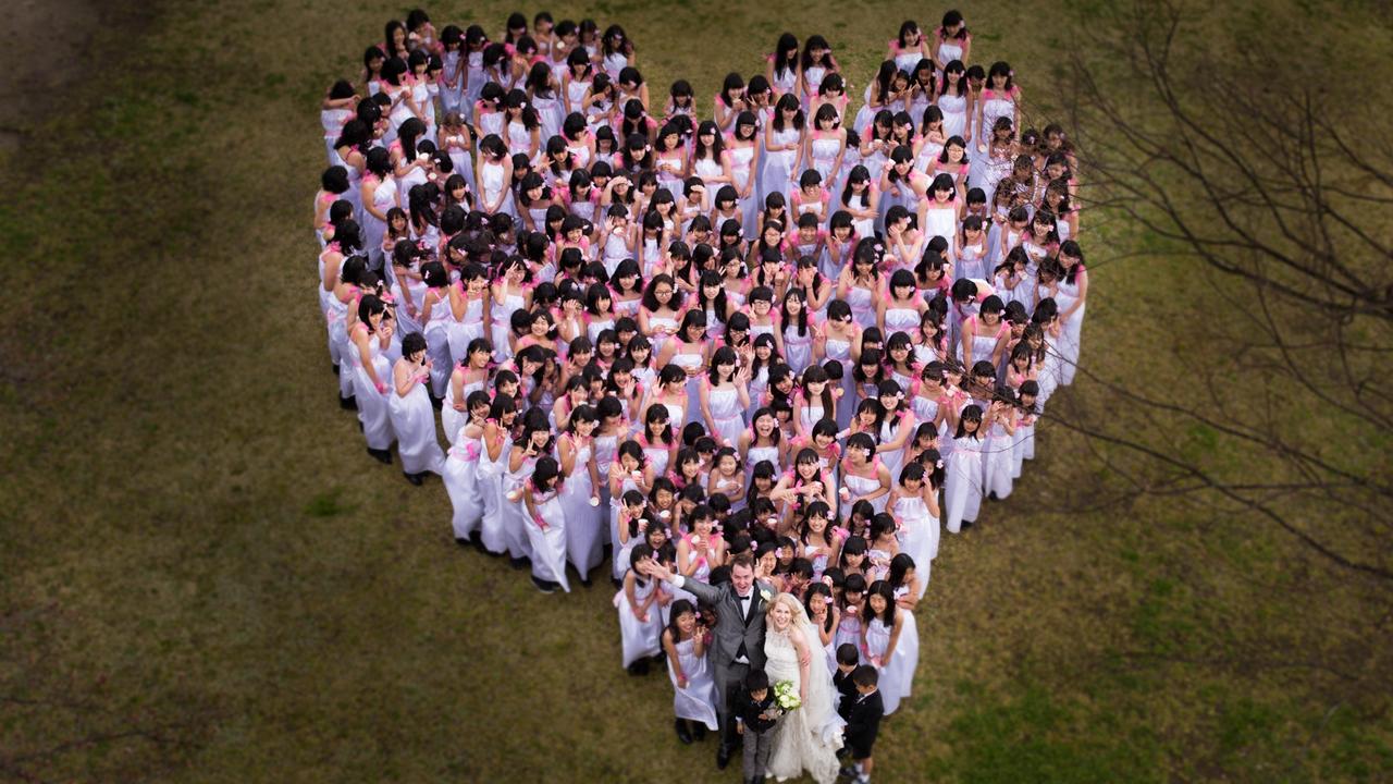 The most flower girls in a wedding is 253, achieved at the wedding of Charlene Pearson and Leon Watts (both Australian) in Hita, Japan, on 2 April 2017. Picture: Guinness World Records