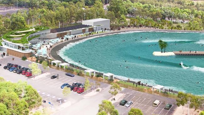 Architects drawings of Wave Park Group’s URBNSURF Sydney, a surf park facility to be developed at Sydney Olympic Park.