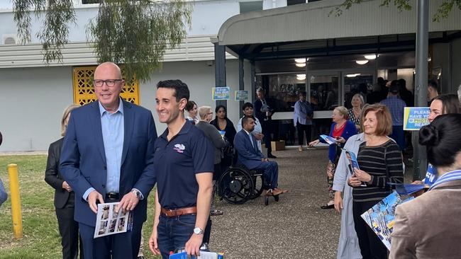 LNP Fadden preselection: Federal Opposition Leader Peter Dutton with state opposition leader David Crisafulli outside the party meeting. Picture: Andrew Potts.