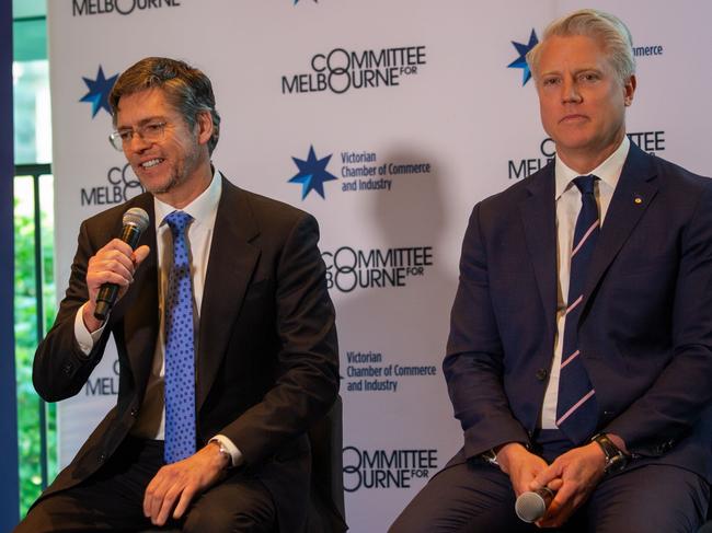 Nick Reece with Arron Wood at the VCCI lord mayoral breakfast forum at Crown. Picture: Jessica Hooper