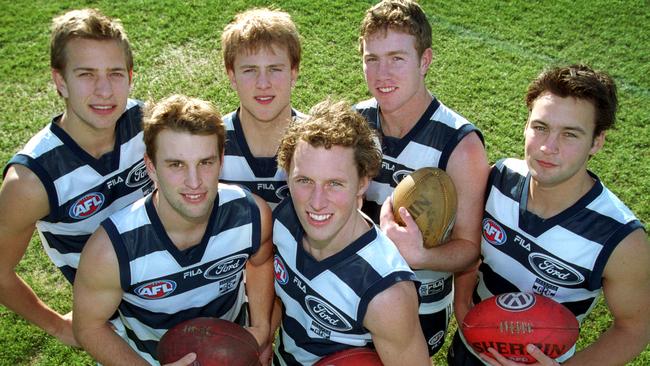 Charlie Gardiner, Gary Ablett Jr, Steve Johnson, Jimmy Bartel, David Johnson and James Kelly after the 2001 draft.