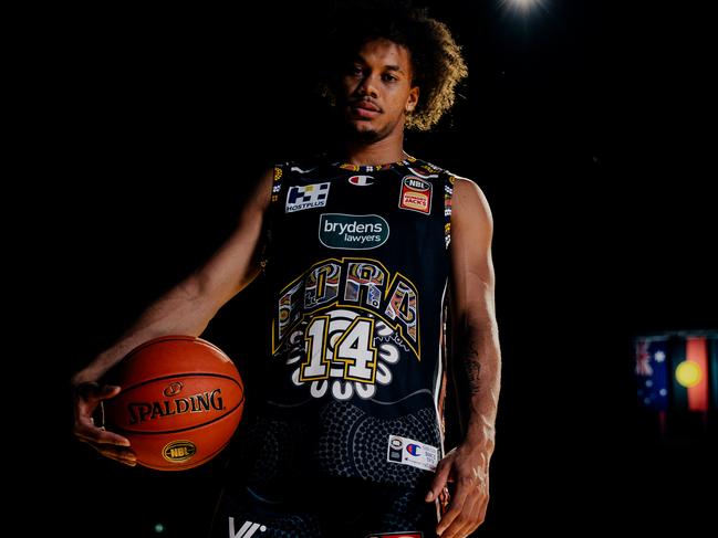 Sydney Kings guard Biwali Bayles showing off the Kings’ Indigenous Round singlet. Picture: Sam Tolhurst