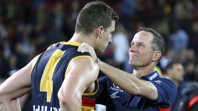 Don Pyke with Josh Jenkons after the Crows’ victory. Picture: SARAH REED