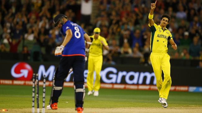 AUS v ENG World Cup Cricket Mitchell Starc bowls Stuart Broad for a duck Picture :Wayne Ludbey