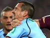 SYDNEY, AUSTRALIA - MAY 27: Mitchell Pearce of the Blues is tackled by Cameron Smith of the Maroons during game one of the State of Origin series between the New South Wales Blues and the Queensland Maroons at ANZ Stadium on May 27, 2015 in Sydney, Australia. (Photo by Cameron Spencer/Getty Images)
