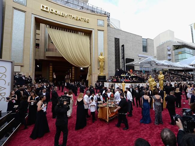 Three days of heavy downpour have soaked parts of the red carpet along Hollywood boulevard.