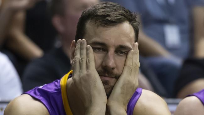 A dejected Andrew Bogut looks on. Picture: AAP/Craig Golding