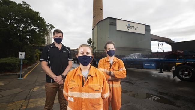 Nyrstar employees Hamish Wright, Amy Wright and James Oakley at the Port Pirie Smelter. Picture: Simon Cross