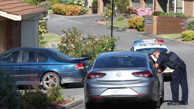 Police at the scene of the alleged murder of a 71-year-man at a retirement village in Reynella East. Picture: Dean Martin