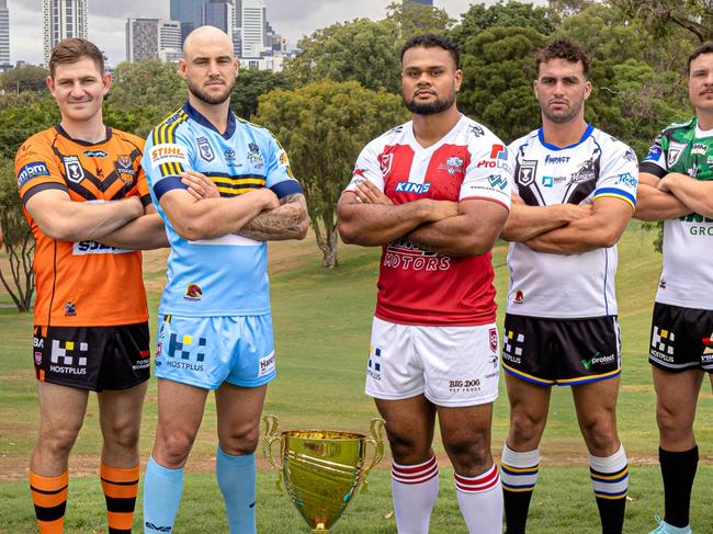 QRL Hostplus Cup players (from left) Ila Alu (PNG Hunters), Sean Mullany (Mackay Cutters), Will Brimson (Tweed Seagulls), Jack Madden (Central Queensland Capras), Rhys Jacks (Ipswich Jets), Ryley Jacks (Brisbane Tigers), Jack Ahearn (Norths Devils), Dunamis Lui (Redcliffe Dolphins), Rory Ferguson (Souths Logan Magpies),  Jaelen Feeney (Townsville Blackhawks), Chris Ostwald (Northern Pride), Sami Sauiluma (Burleigh Bears), Brendan O'Hagan (Wynnum Manly Seagulls), Patrice Siolo (Sunshine Coast Falcons), Darryn Schonig (Western Clydesdales). Picture: Erick Lucero/QRL