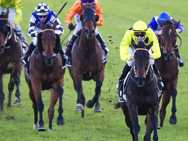 Danish Twist ridden by Koby Jennings (lime green, black diamonds) wins race 8 during Randwick races in Sydney. Pic Jenny Evans