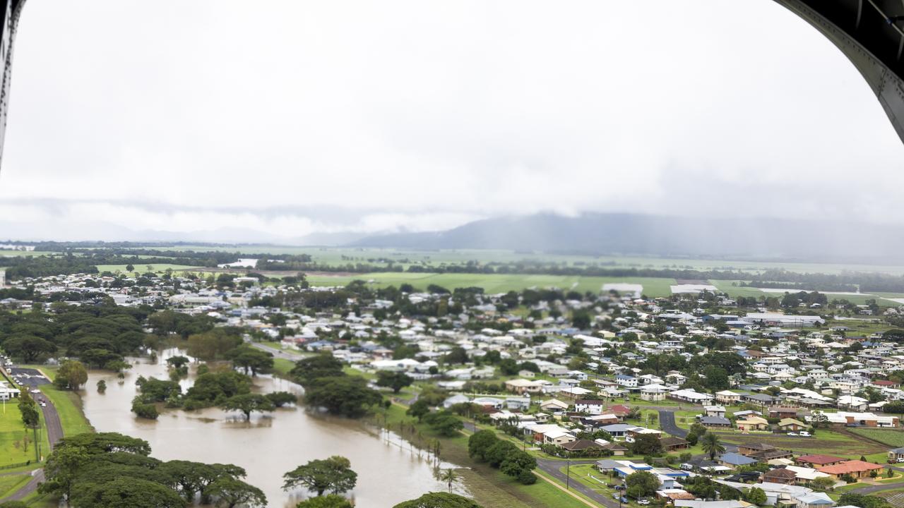 An aerial view of the flood affected area in Ingham from an Australian Army CH-47F Chinook helicopter. Picture: Bradley Darvill