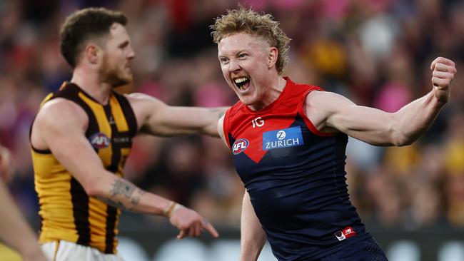 MELBOURNE, AUSTRALIA - August 20, 2023. AFL .  Clayton Oliver of the Demons celebrates a 4th quarter goal during the round 23 match between Melbourne and Hawthorn the MCG in Melbourne, Australia.  Photo by Michael Klein.