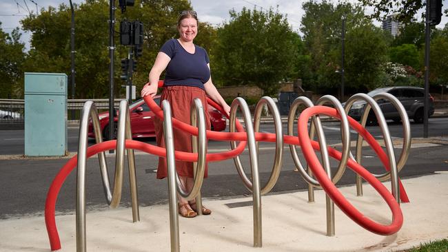 Claire Simpson-Smith with one of the bike art installations in Adelaide. Picture: Matt Loxton