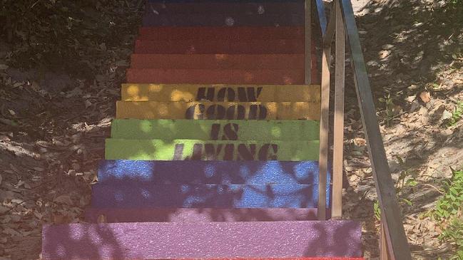 The “How good is living” slogan was graffitied on the stairs again last month by an unknown person.