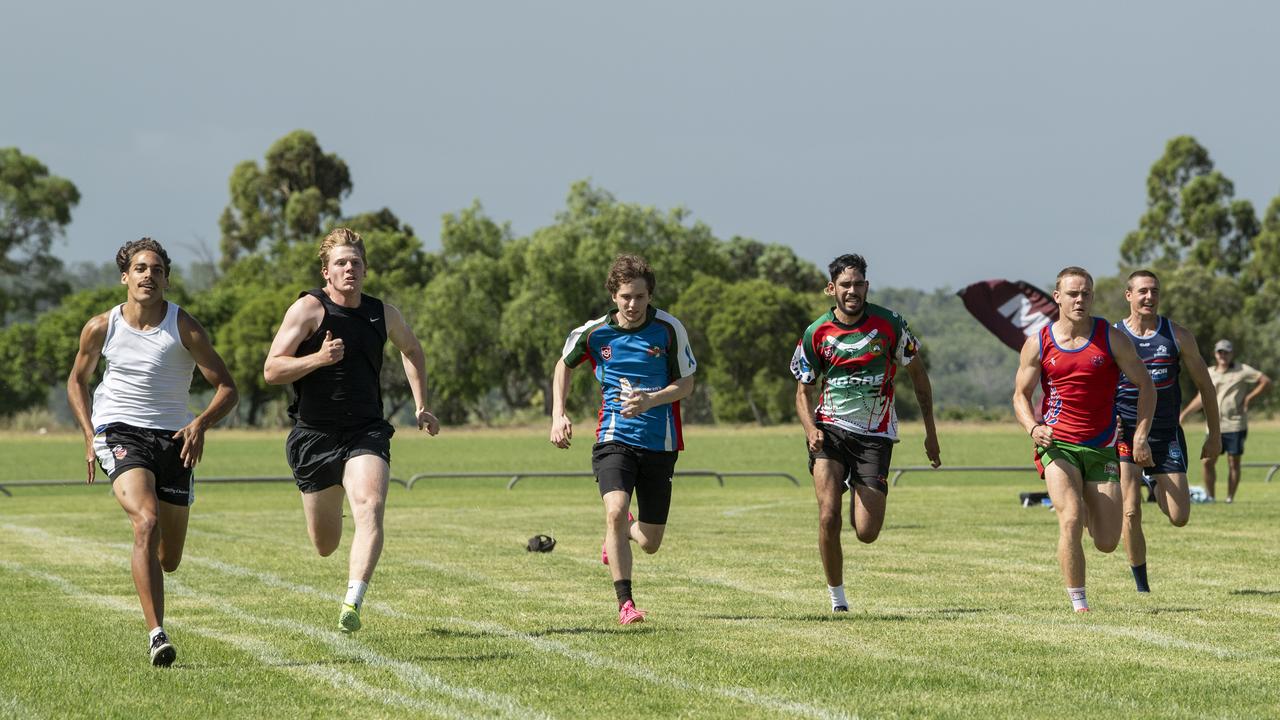 Leroy Dempsey (far left) wins the Wagners Fastest Footballer 75 yards. The Arthur Postle Gift at Pittsworth. Saturday 18th January, 2025. Picture: Nev Madsen.