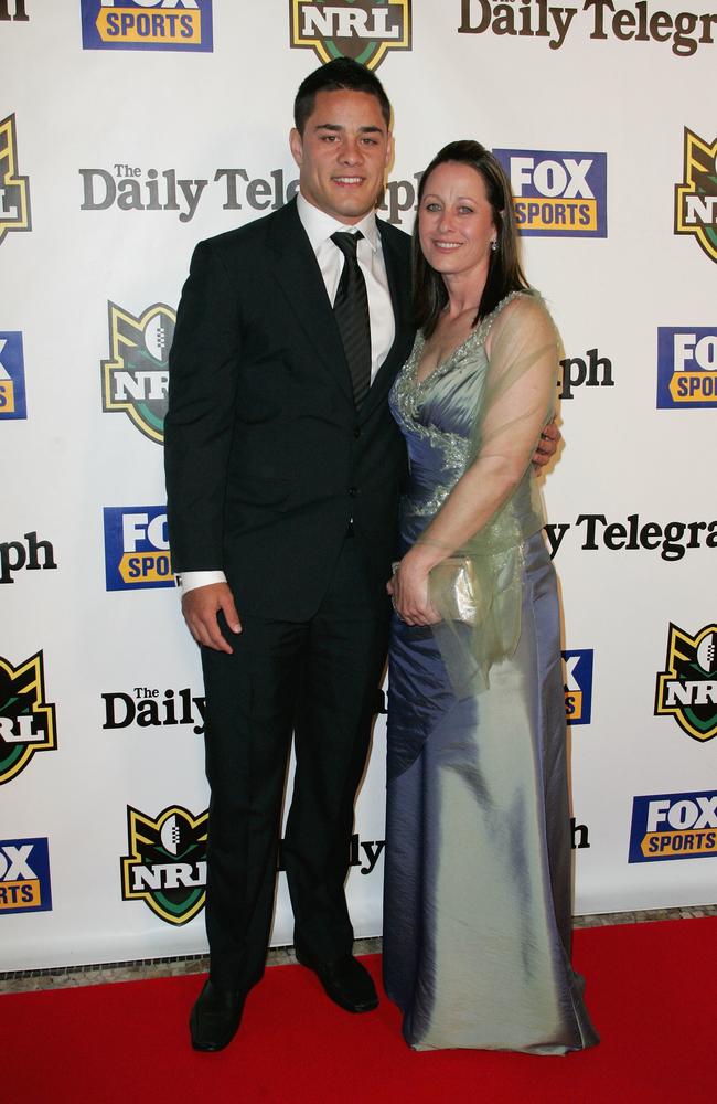 Jarryd Hayne and his mother Jodie Hayne at the NRL Dally M Awards in 2009. Picture: AAP Image/Sergio Dionisio