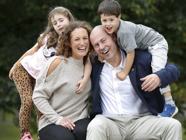 Josh Frydenberg with wife Amie and children Gemma 6 and Blake 4. Picture: David Caird