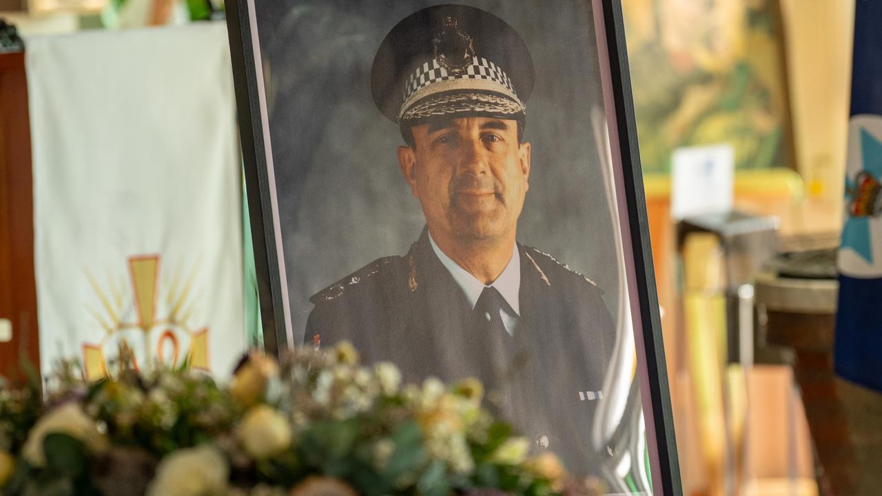 A portrait of former police commissioner Jim O’Sullivan at his funeral service last month. Picture: Qld Police Media