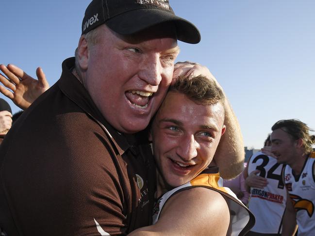 Craigieburn coach Lance Whitnall embraces Brock Chircop. Picture: Andy Brownbill