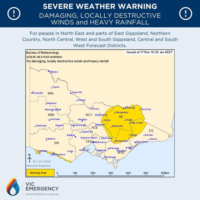 Severe Weather Warning for damaging, locally destructive winds and heavy rainfall on 17 Nov 2024.