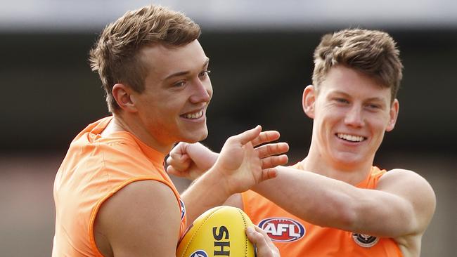 Patrick Cripps, left, with teammate Sam Walsh. Picture: Daniel Pockett/Getty.