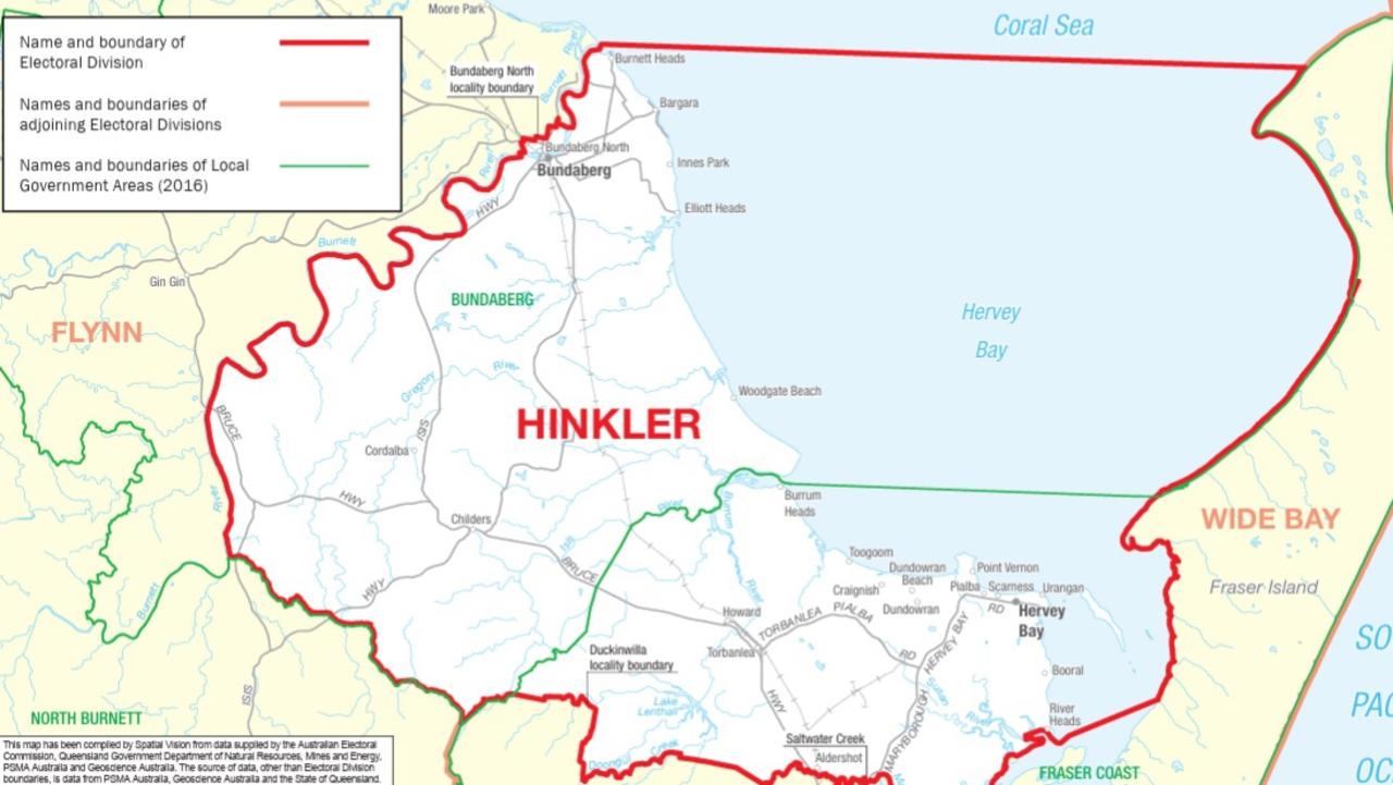 The federal division of Hinkler was created in 1984, consists of parts of the Bundaberg Regional Council, North Burnett Council and Fraser Coast Regional Council, including Bundaberg, Hervey Bay, Monto, Childers and Gayndah.