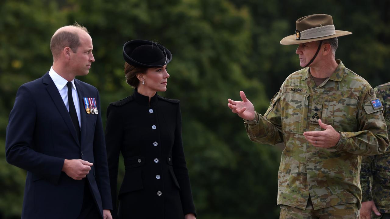 Prince William and Catherine, Princess of Wales meet Australian military personnel during a visit to Army Training Centre Pirbright. Picture: Getty Images.