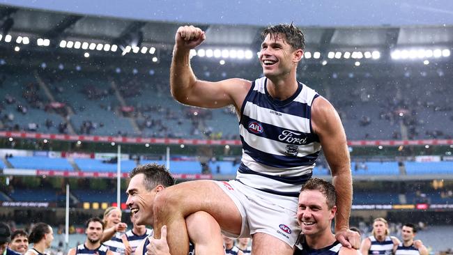 Tom Hawkins kicked four goals in his 350th game. Picture: Quinn Rooney/Getty Images