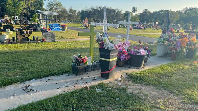 Smashed glass visible after the Tuesday night attack on headstones. Picture: Supplied