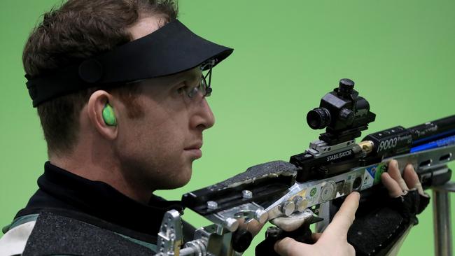 RIO DE JANEIRO, BRAZIL — AUGUST 04: Dane Sampson of Australia shoots in a training session prior to the start of the Rio 2016 Olympic Games at the Olympic Shooting Centre on August 4, 2016 in Rio de Janeiro, Brazil. (Photo by Sam Greenwood/Getty Images)