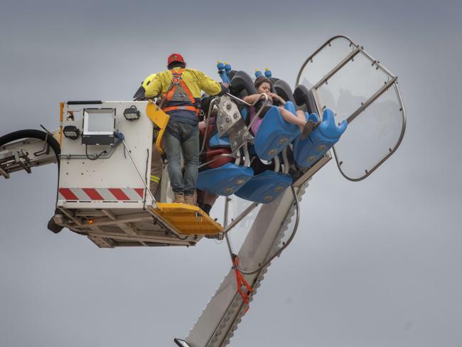 The ride malfunctioned, leaving thrillseekers stranded 35m in the air. Picture: Tony Gough