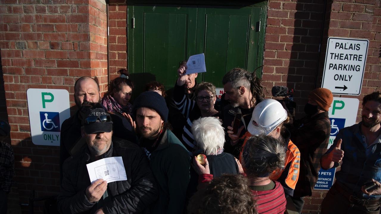 Pro-logging protesters were denied entry to a film screening put on by the Bob Brown Foundation in June last year. Picture: Bob Brown Foundation