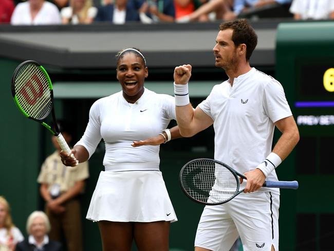 LONDON, ENGLAND - JULY 09: Serena Williams of the United States celebrates with Andy Murray of Great Britain in their Mixed Doubles second round match against Fabrice Martin of France and Raquel Atawo of the United States during Day Eight of The Championships - Wimbledon 2019 at All England Lawn Tennis and Croquet Club on July 09, 2019 in London, England. (Photo by Mike Hewitt/Getty Images)