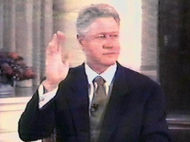 Footage of President Bill Clinton being sworn in before a federal grand jury was shown during his impeachment trial in 1999.