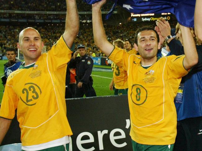 Australia v Uruguay at Telstra Stadium. Soccer World Cup qualifier. L-R: Bresciano, Skoko and Aloisi with the flag.