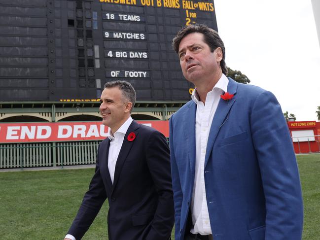 ADELAIDE, AUSTRALIA - NewsWire Photos November 11 2022: AFL CEO Gillon McLachlan and SA Premier Peter Malinauskas arrive at the Adelaide Oval for a media call. The AFL has announced South Australia will host of an extra round of footy next season, which will see all 18 teams play in the same state on the same weekend. NCA NewsWire / David Mariuz