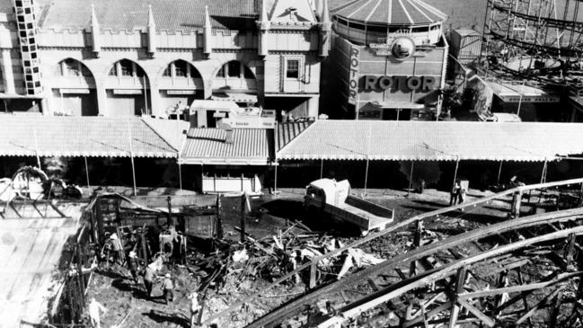 An aerial view of the damage following the 1979 fire on the Ghost Train ride at Luna Park in Sydney, which killed seven people. Picture: News Corp