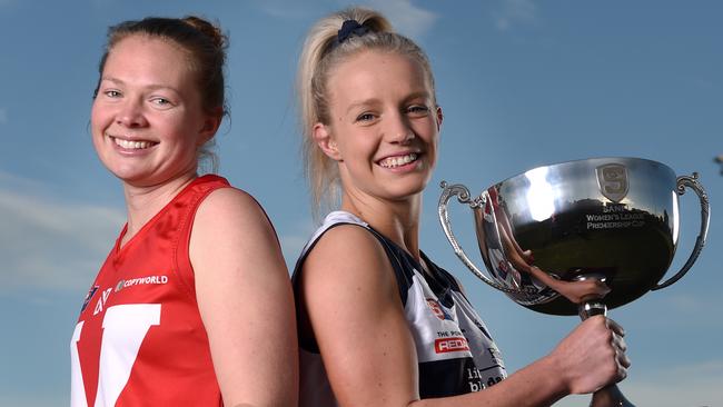 July 31st 2020 - The SANFLW finals start next weekend and the final four are locked in with Norwood, North Adelaide, South Adelaide and West Adelaide preparing to contest the major round. Captains (L-R) Ali Ferrall (Norwood), Leah Tynan (North), Sam Pratt (South) and Lauren Gee (West) at Thebarton Oval . Picture: Naomi Jellicoe