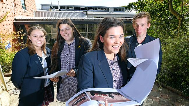 Heathfield High School student captains Aimee Lacey, 17, Libbi Nutt, 17, Constance Kilkenny-Jones, 17, and Gavin Jones check out what the $13.6 million expansion would look like. Picture: AAP / Mark Brake