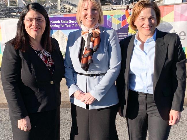 Education Minister Grace Grace (left) and Member for South Brisbane Jackie Trad (right) with Inner City South State Secondary College foundation principal Kirsten Ferdinands