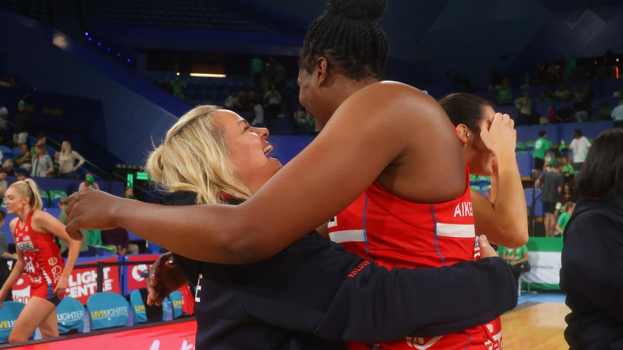 Head coach of the Swifts Briony Akle celebrates the win with Romelda Aiken-George after their win against West Coast Fever in Perth. Photo: Getty Images