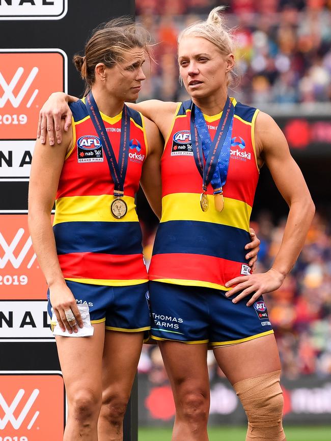 Adelaide’s co-captains Chelsea Randall and Erin Phillips tore their ACLs in 2019, but their leadership off-field is still important to the club’s chances of success. Picture: Daniel Kalisz/Getty Images