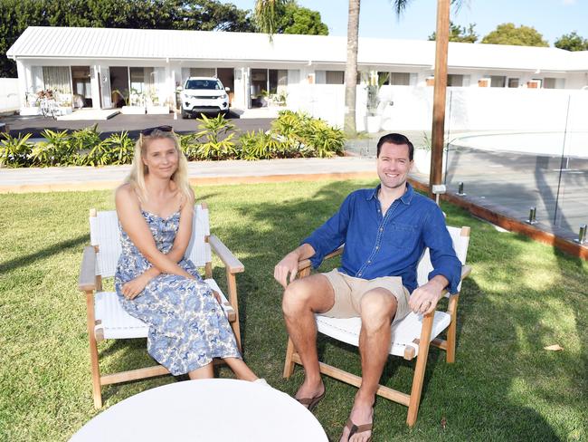 Lucy and Andrew Pink relaxing at the hotel, which has amassed 12,000 followers on Instagram. Picture: Patrick Woods