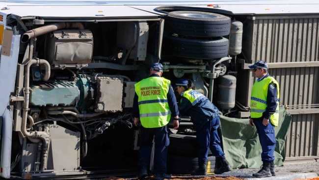 Emergency first responders were confronted with grim scene on Sunday night after responding to a bus packed with wedding guests that had crashed in the Hunter. Picture: NCA NewsWire / David Swift