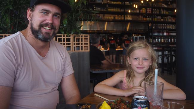 Clarence and Thea Perrett, 6, at the opening day of Giddy Geisha at the Maroochydore CBD.