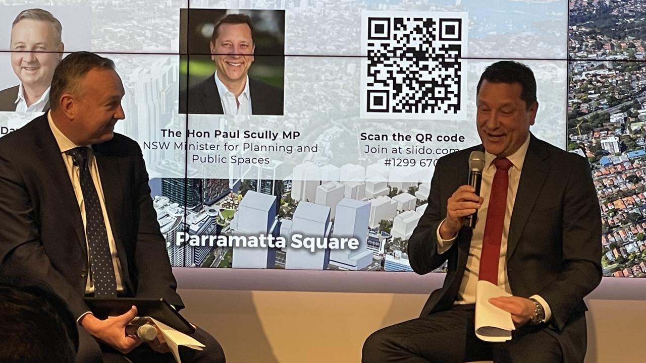 Business Western Sydney executive director and Housing Now! Alliance chair David Borger with Planning Minister Paul Scully at a housing affordability forum for Housing Now! Alliance at Parramatta Square.