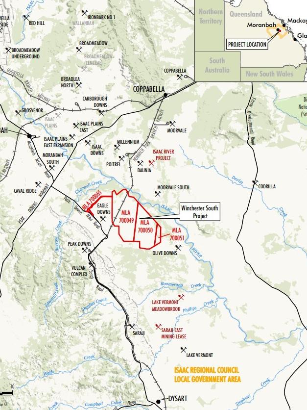 The location of Whitehaven’s new Winchester South open cut coal mine in the Bowen Basin within the Isaac region. Picture: Winchester South project revised draft EIS – Attachment 13 – Air quality and greenhouse gas